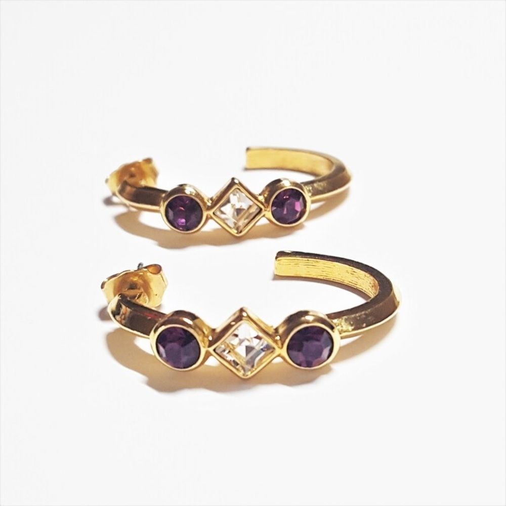 Avon Vintage gold hoop earrings with amethyst & clear rhinestones